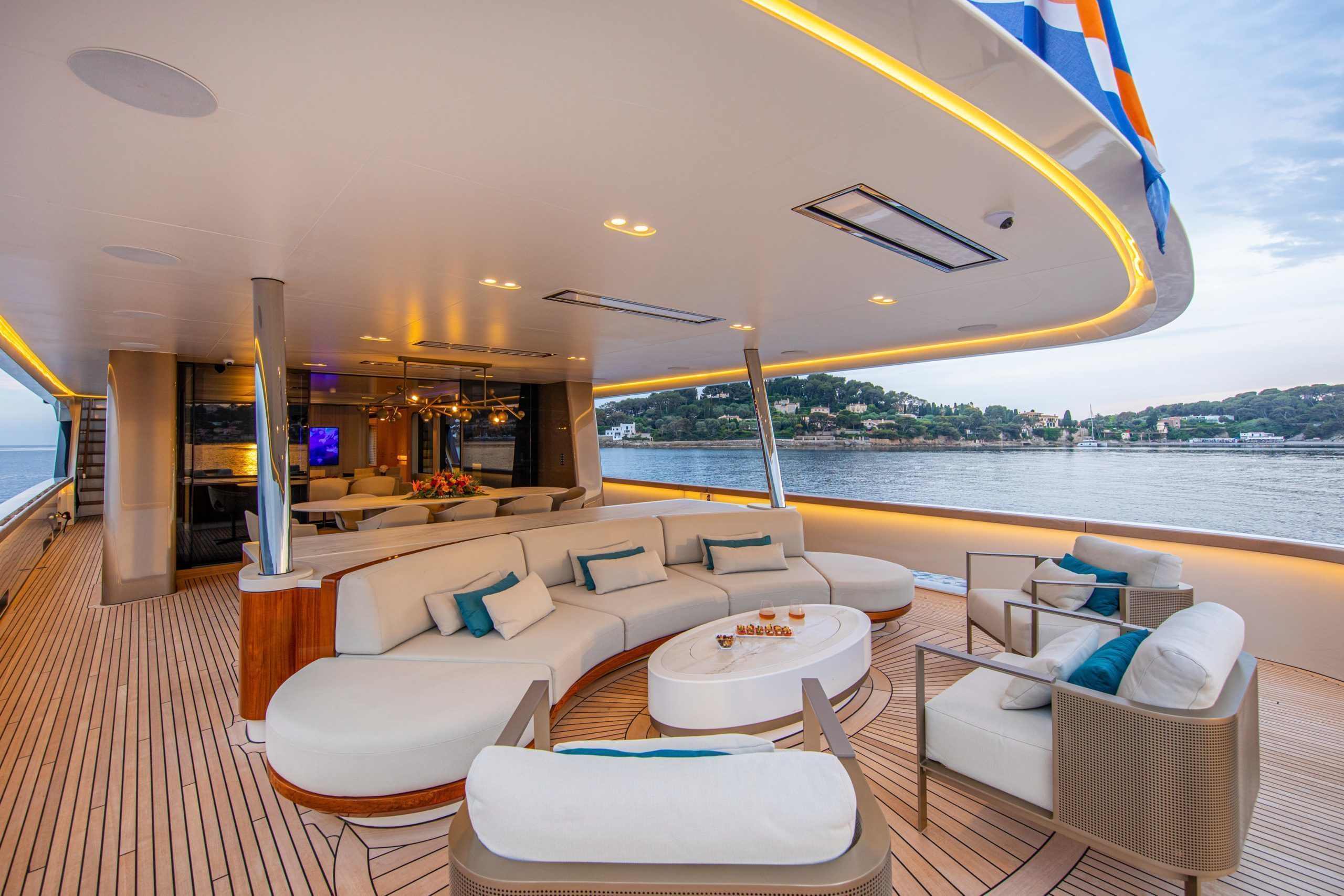 Open-deck luxury yacht at sea