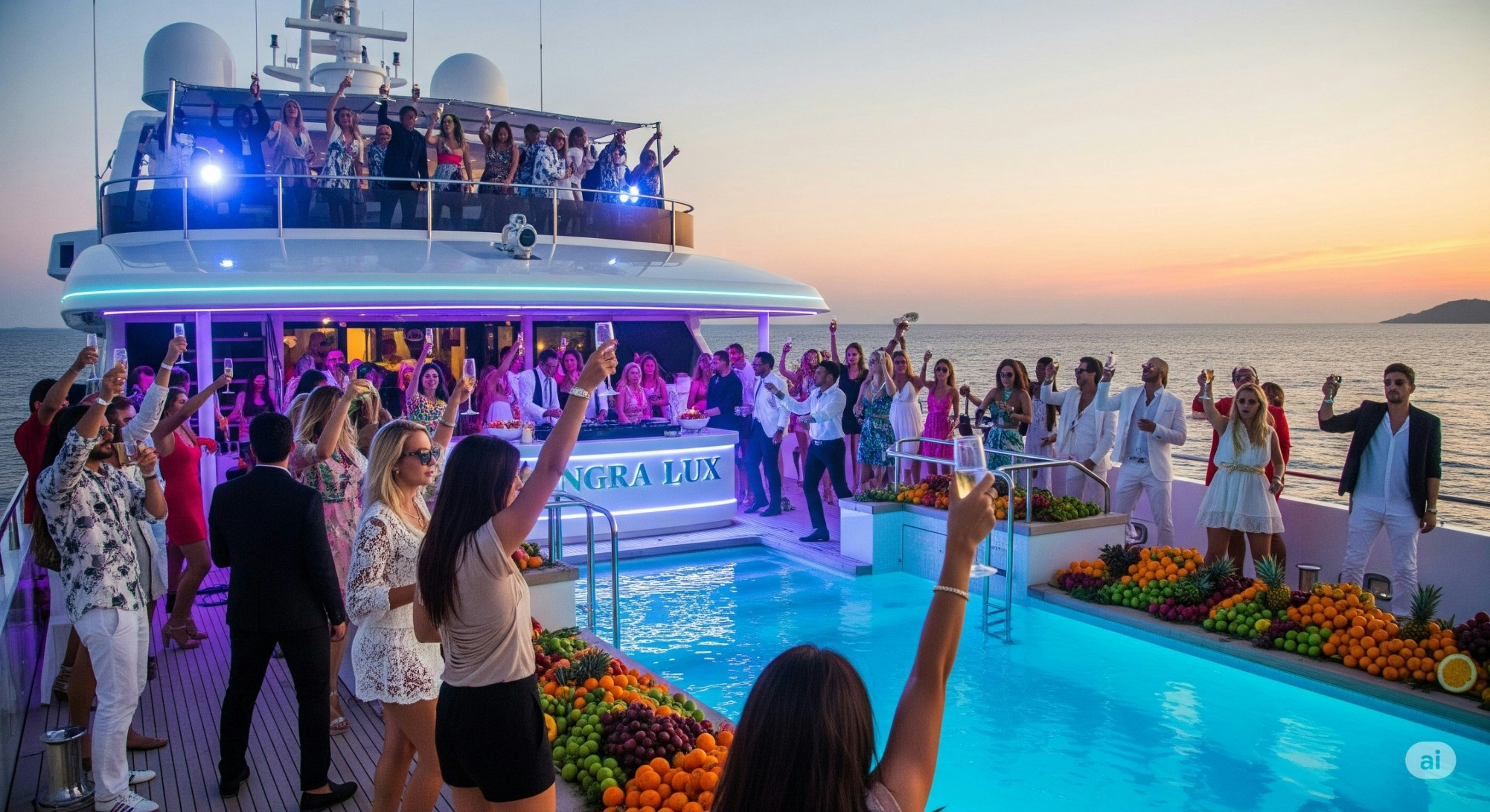 Open-deck yacht party at sea