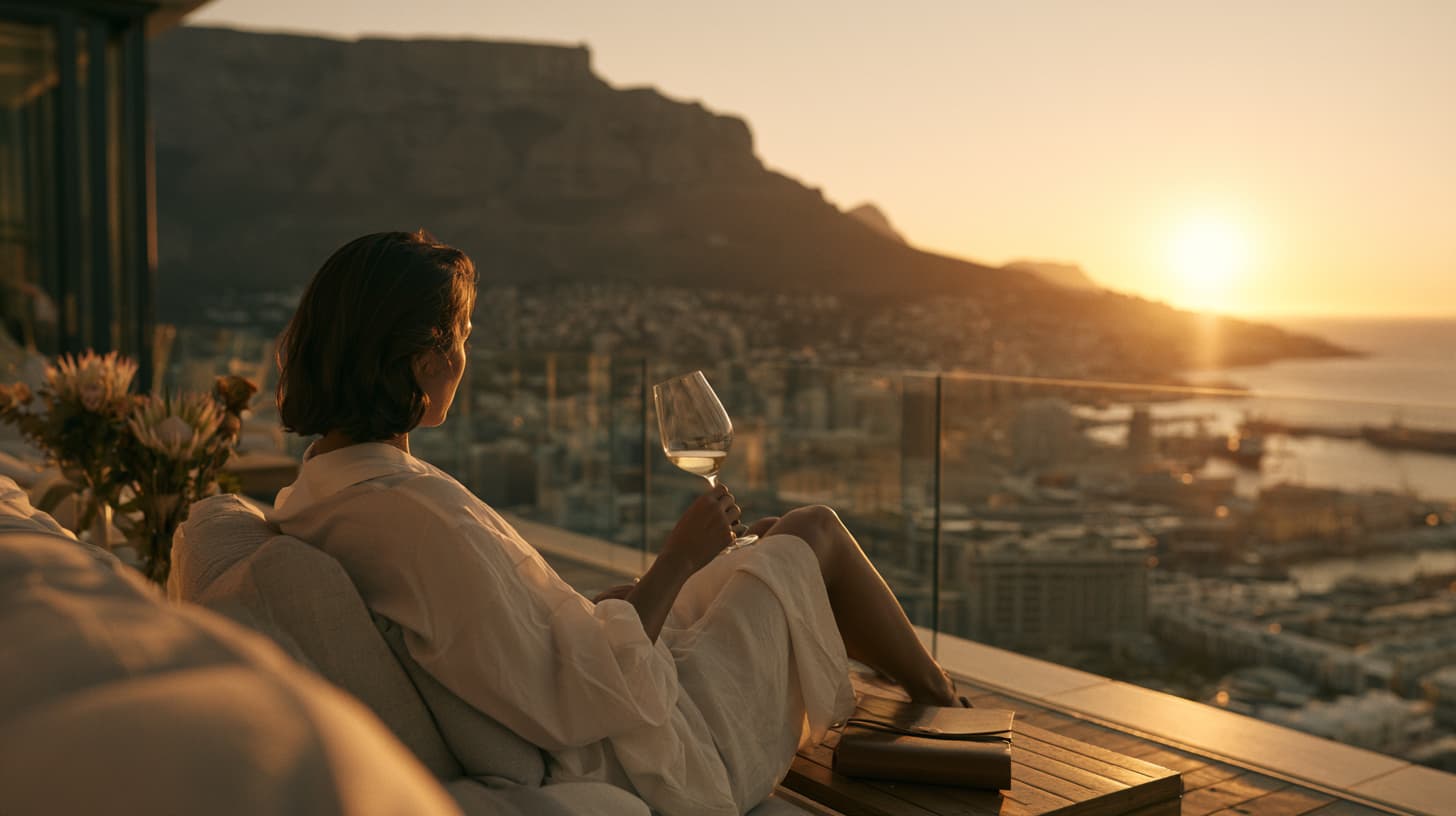 Table Mountain rising through morning mist over Cape Town's Victoria & Alfred Waterfront — a founder's personally tested luxury journey by Throne Voyages.