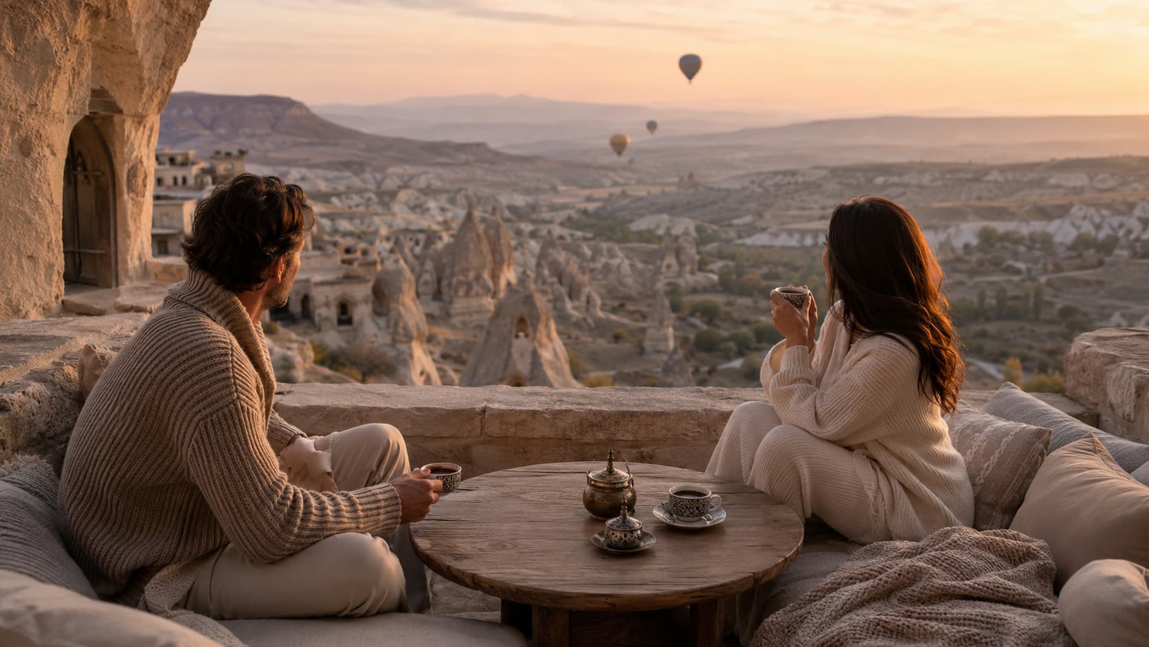 Şafakta Kapadokya'nın peri bacaları üzerinde yükselen tek sepetli özel sıcak hava balonu — Throne Voyages'ın gökyüzündeki rafine ritüeli.