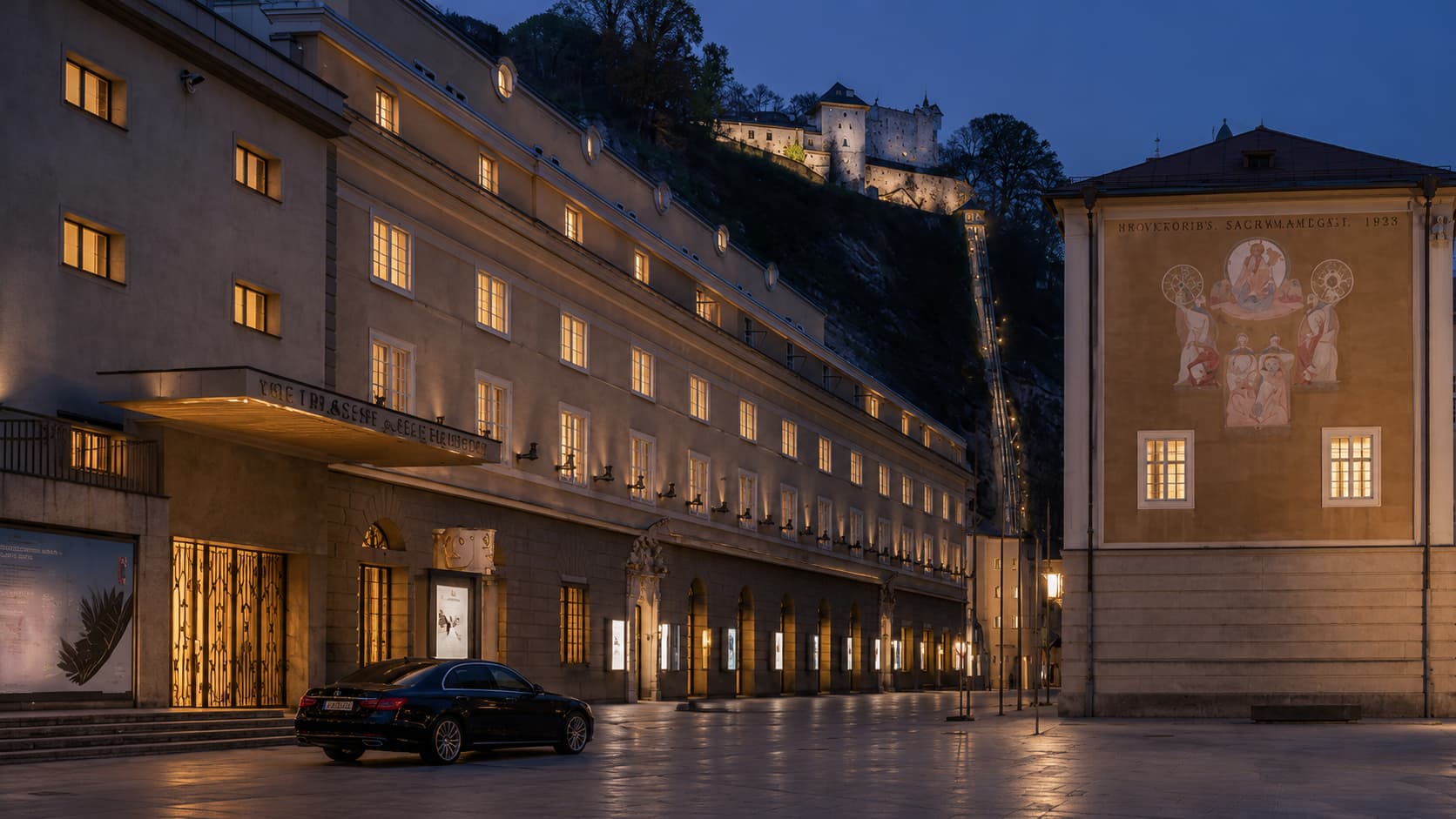 A grand illuminated stage of the Salzburg Festival with an aristocratic audience — controlled-access opera premieres curated by Throne Voyages.